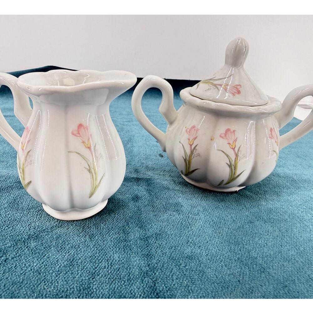 Pink Tulip Creamer Sugar Bowl Set Floral Cottagecore Granny Chic Tea Party